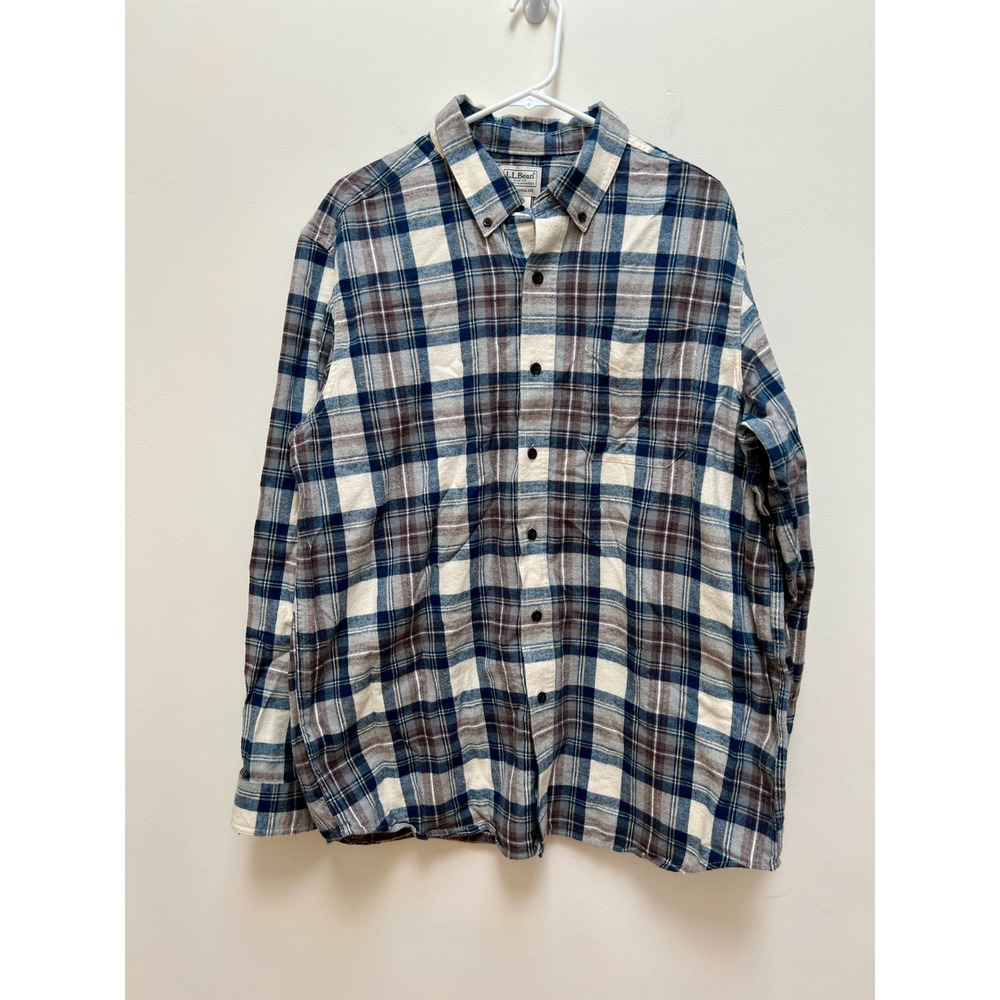L.L. Bean Flannel Shirt Mens L Indigo Tartan Trad. Fit Cotton Button Down NWOT